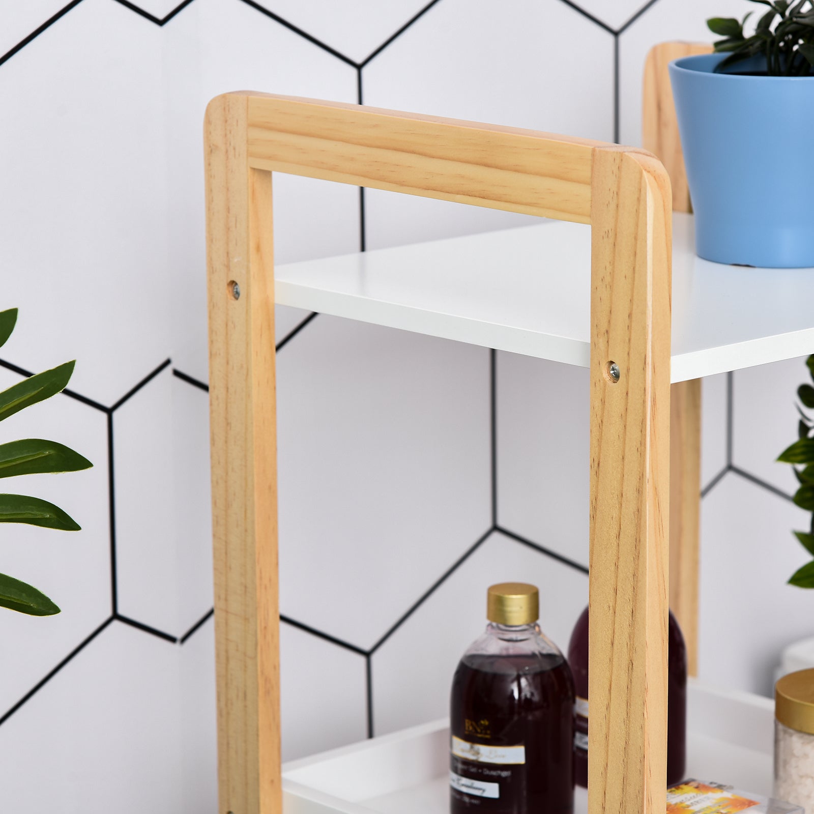 Bamboo Bathroom Shelf Stand 3 Baskets + 2 Shelves dim. 32L x 30w x 130H cm Beige White