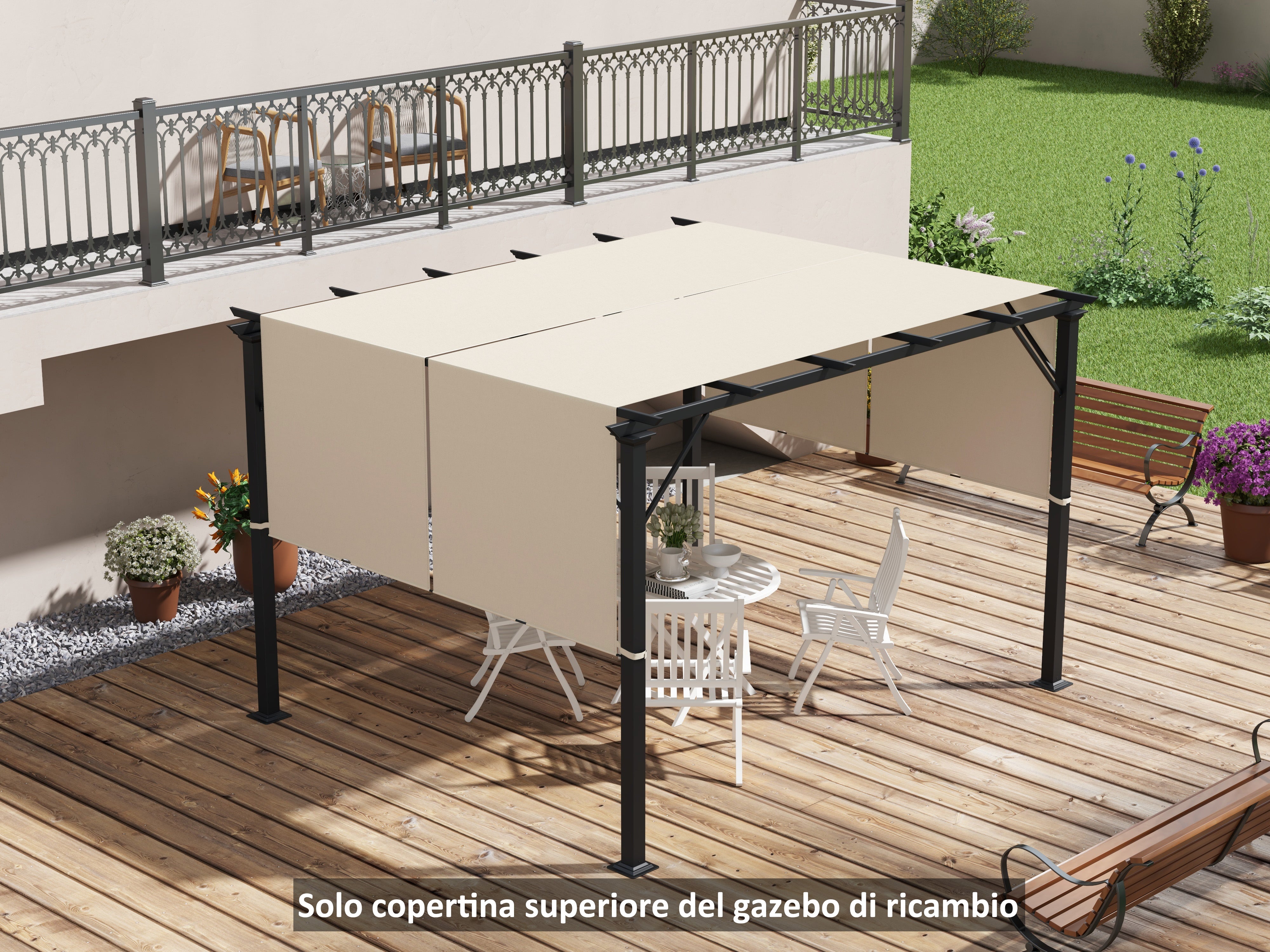 3x3 m Gazebo Pergola Cover, Polyester 180g/㎡ Canopy with Pockets and Straps for Poles, UV30+, 488x122 cm, Khaki