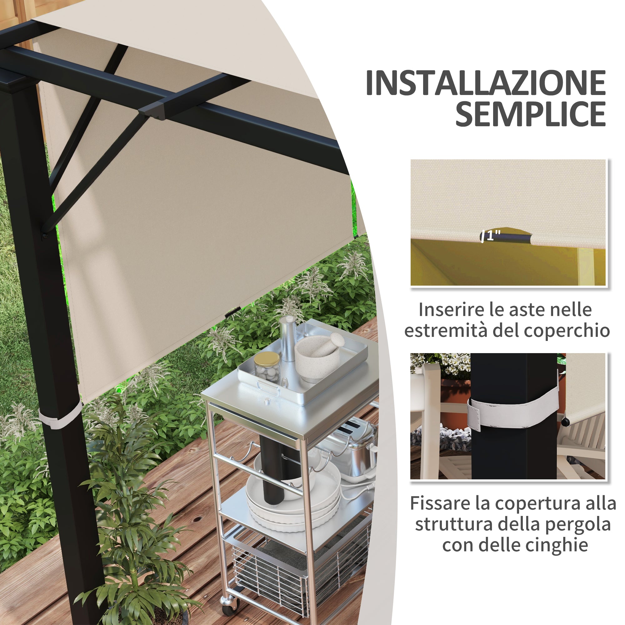 3x3 m Gazebo Pergola Cover, Polyester 180g/㎡ Canopy with Pockets and Straps for Poles, UV30+, 488x122 cm, Khaki