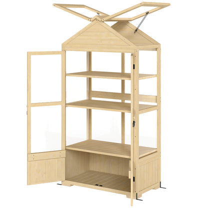 Lockable Wooden Cold Frame Greenhouse with 4 Levels, Roof Windows, Cold Frame Box with Double Door, for Garden, Balcony, Natural, 100x56.5x178 cm