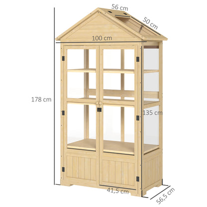 Lockable Wooden Cold Frame Greenhouse with 4 Levels, Roof Windows, Cold Frame Box with Double Door, for Garden, Balcony, Natural, 100x56.5x178 cm