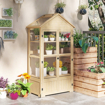 Lockable Wooden Cold Frame Greenhouse with 4 Levels, Roof Windows, Cold Frame Box with Double Door, for Garden, Balcony, Natural, 100x56.5x178 cm