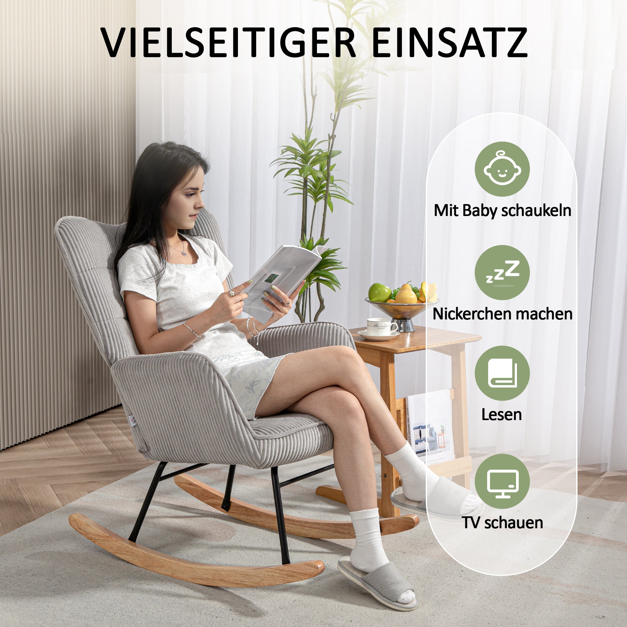 Rocking Chair, Rocking Armchair with Cord Look, Armrest, Padded Chair with Wooden Rockers, Recliner for Living Room, Bedroom, up to 120kg Load Capacity, Dark Green