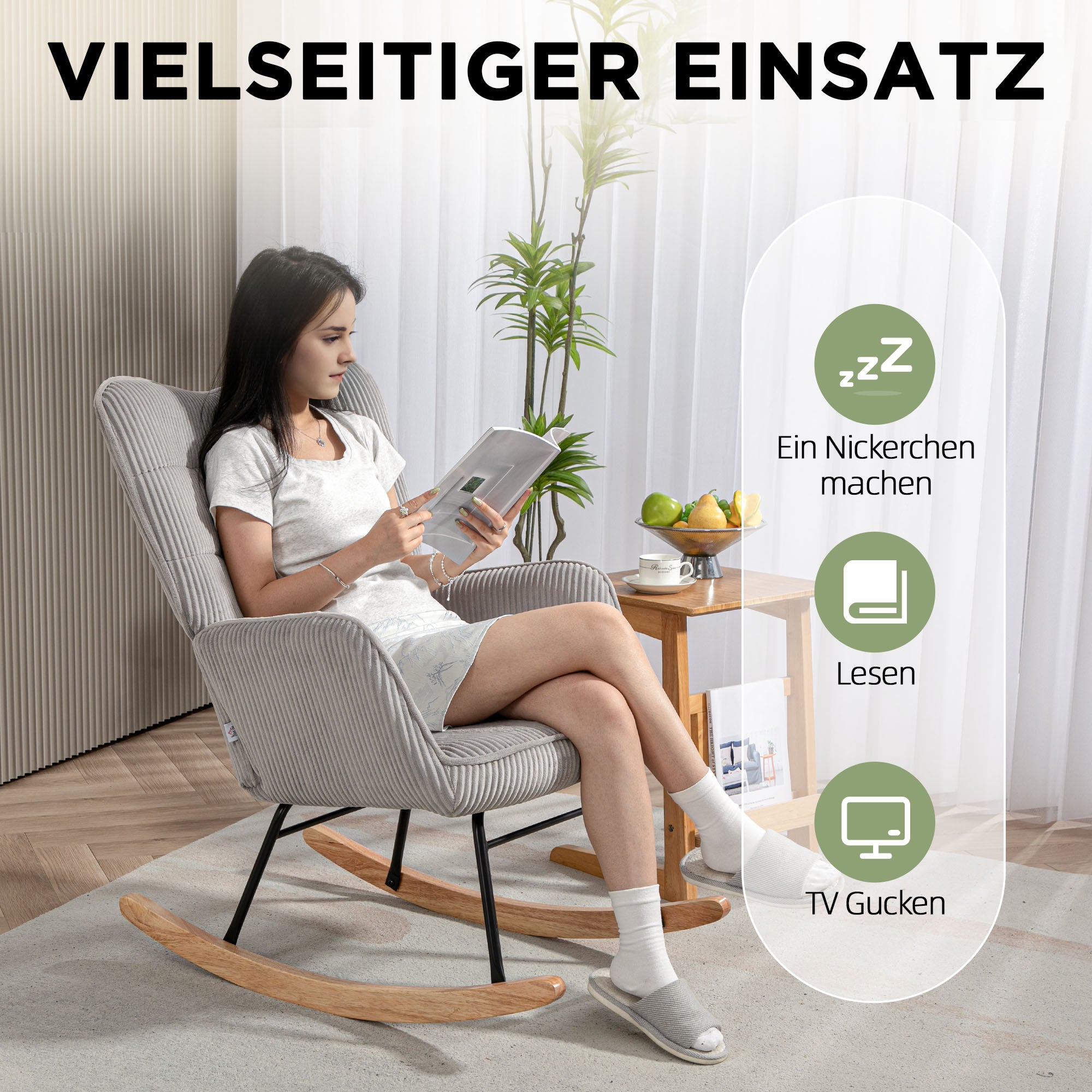 Schaukelstuhl, Schaukelsessel mit Kordoptik, Armlehne, Gepolsterter Sessel mit Holzkufen, Relaxsessel für Wohnzimmer, Schlafzimmer, bis 120kg belastbar, Dunkelgrün