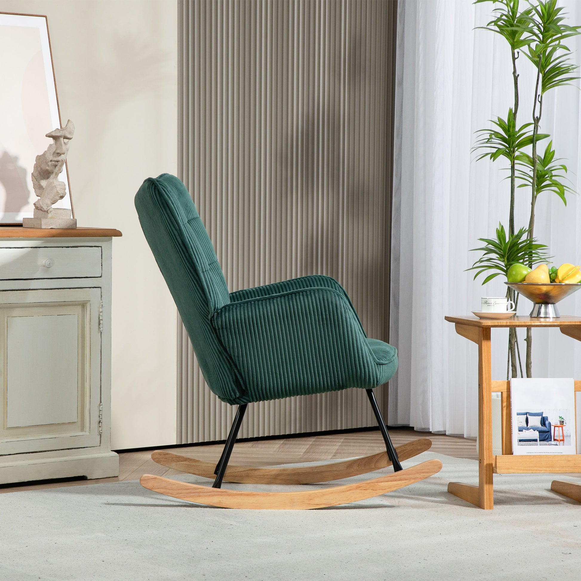 Rocking Chair, Rocking Armchair with Cord Look, Armrest, Padded Chair with Wooden Rockers, Recliner for Living Room, Bedroom, up to 120kg Load Capacity, Dark Green