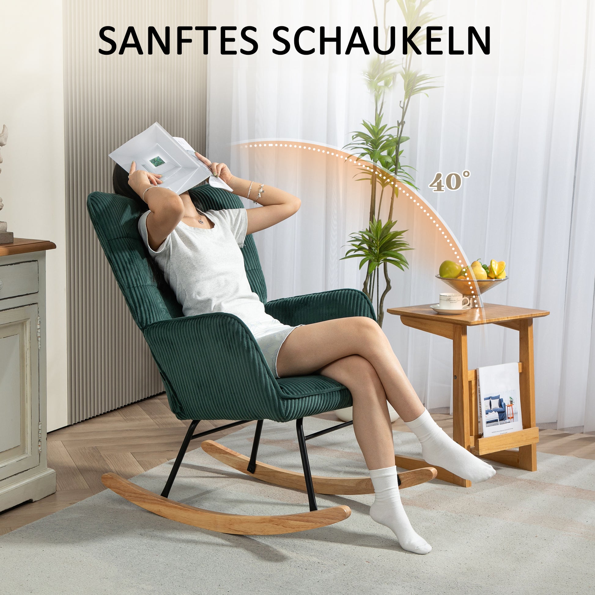 Rocking Chair, Rocking Armchair with Cord Look, Armrest, Padded Chair with Wooden Rockers, Recliner for Living Room, Bedroom, up to 120kg Load Capacity, Dark Green