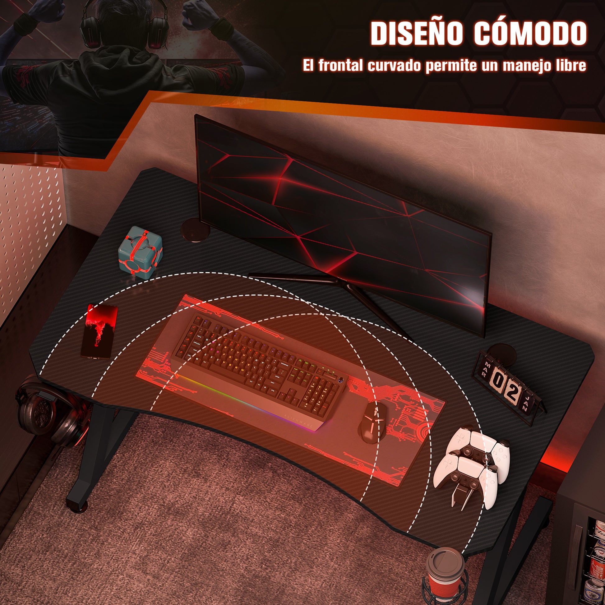 Gaming Desk 120x65x74.5 cm Ergonomic Gaming Desk for PC Computer with Cup Holder Headphone Hook and Adjustable Feet Carbon Fiber Effect Black