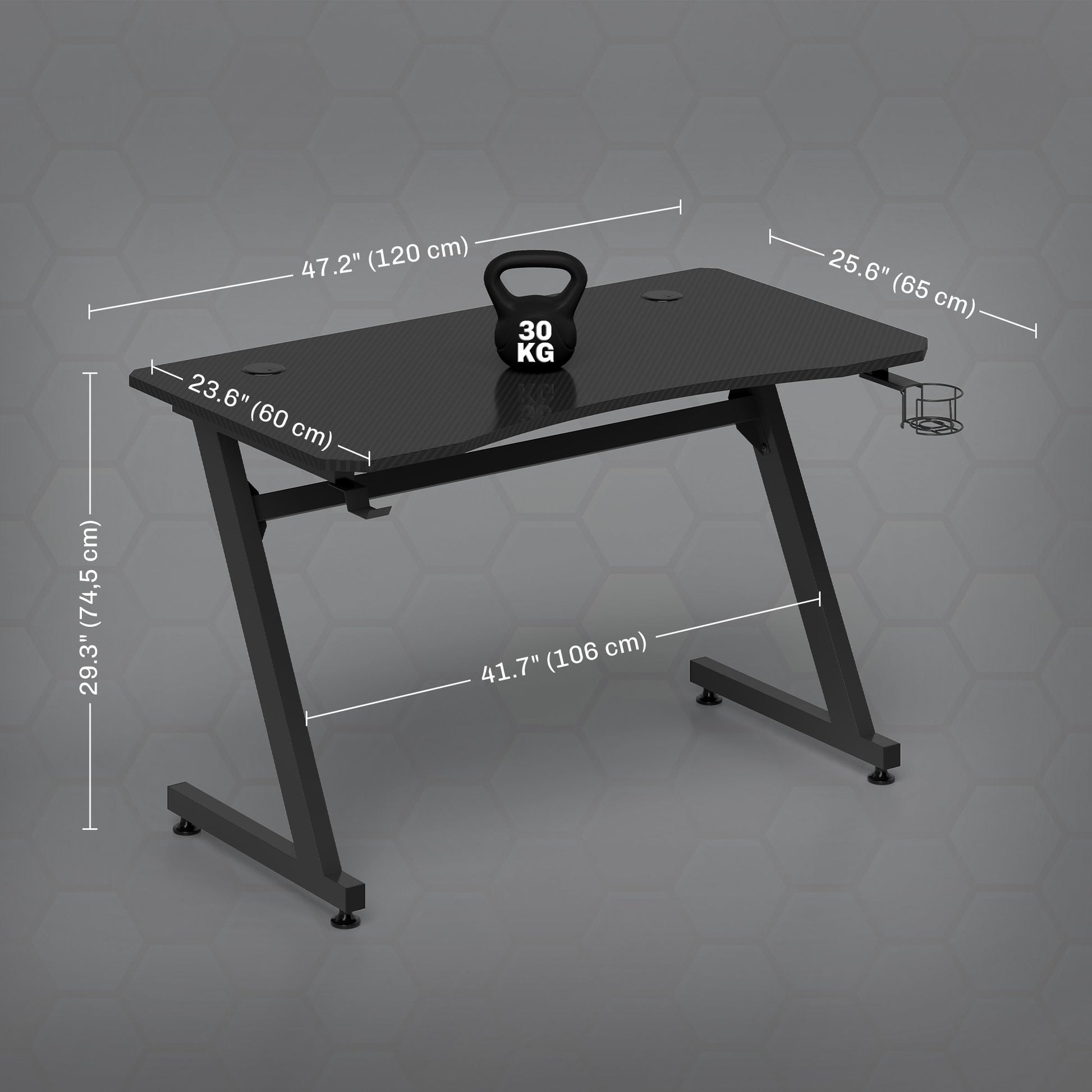 Gaming Desk 120x65x74.5 cm Ergonomic Gaming Desk for PC Computer with Cup Holder Headphone Hook and Adjustable Feet Carbon Fiber Effect Black