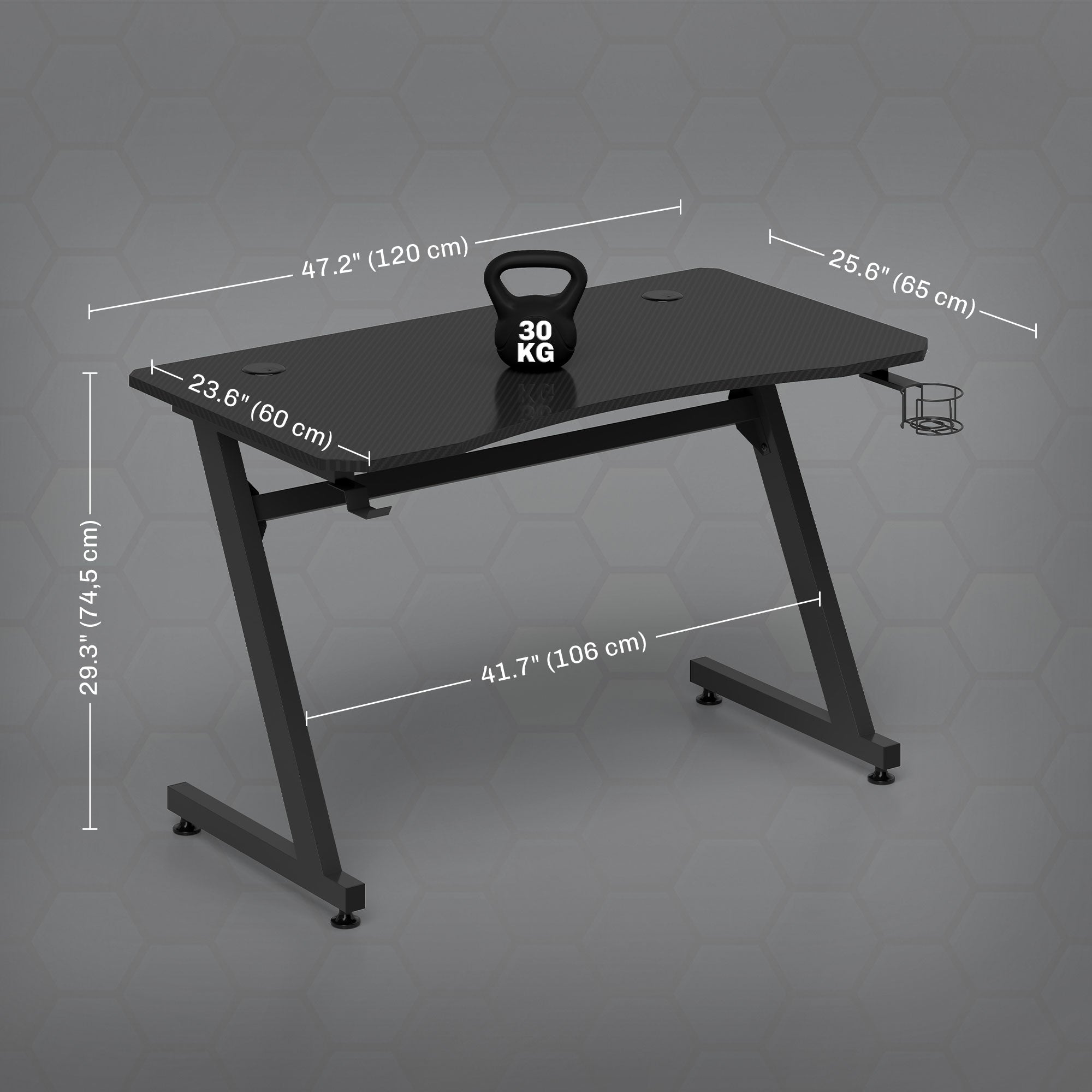 Gaming Desk 120x65x74.5 cm Ergonomic Gaming Desk for PC Computer with Cup Holder Headphone Hook and Adjustable Feet Carbon Fiber Effect Black