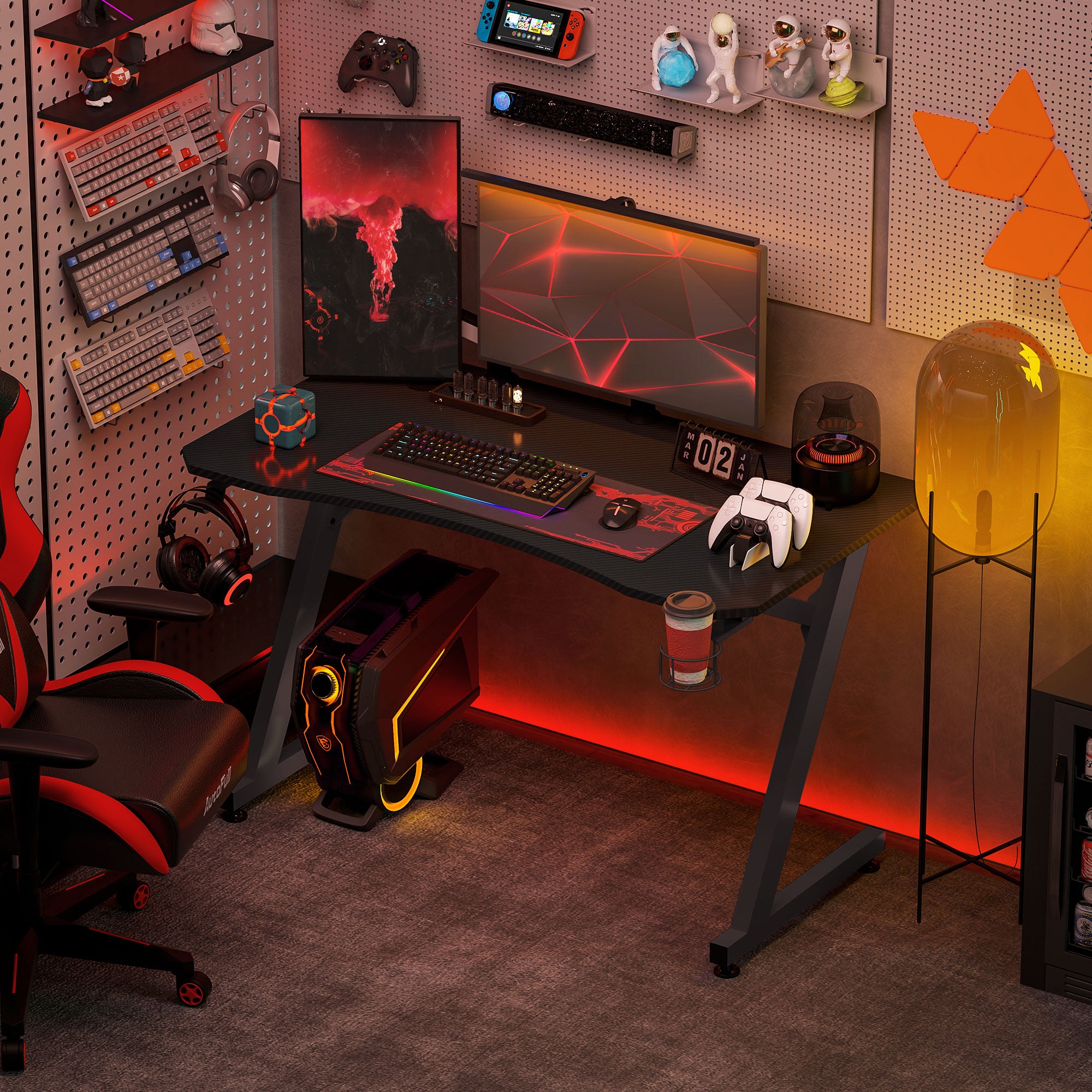 Gaming Desk 120x65x74.5 cm Ergonomic Gaming Desk for PC Computer with Cup Holder Headphone Hook and Adjustable Feet Carbon Fiber Effect Black
