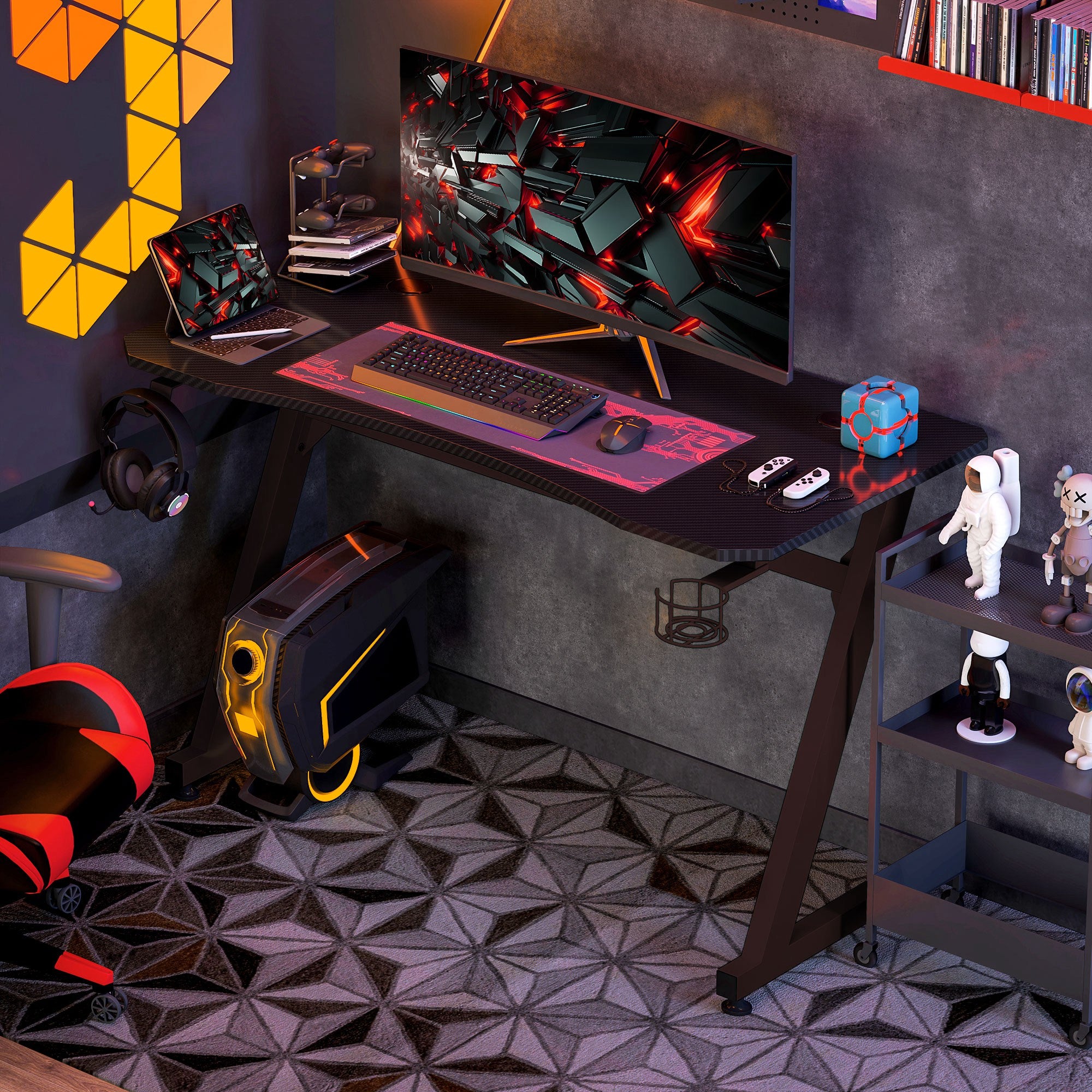 Gaming Desk 120x65x74.5 cm Ergonomic Gaming Desk for PC Computer with Cup Holder Headphone Hook and Adjustable Feet Carbon Fiber Effect Black