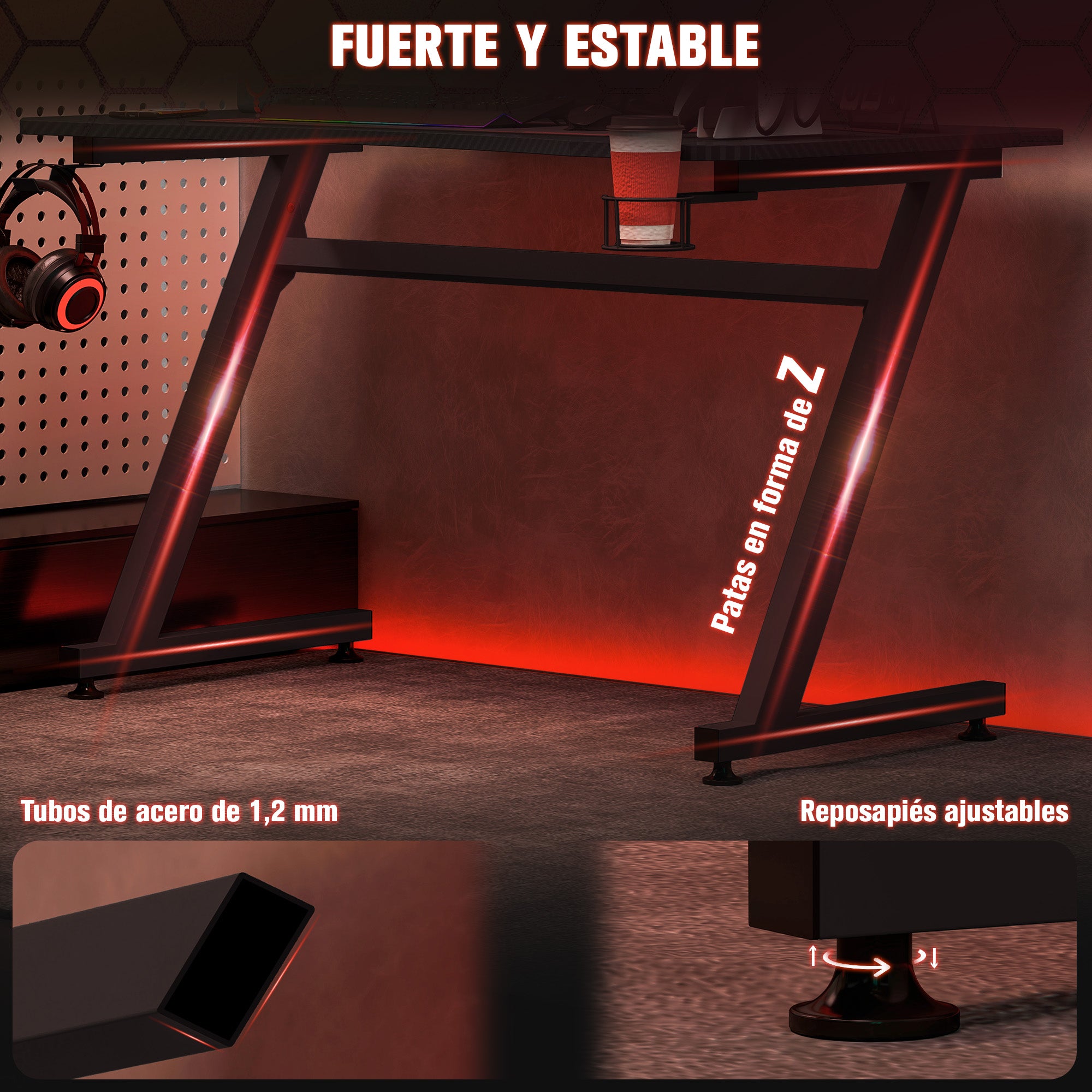 Gaming Desk 120x65x74.5 cm Ergonomic Gaming Desk for PC Computer with Cup Holder Headphone Hook and Adjustable Feet Carbon Fiber Effect Black