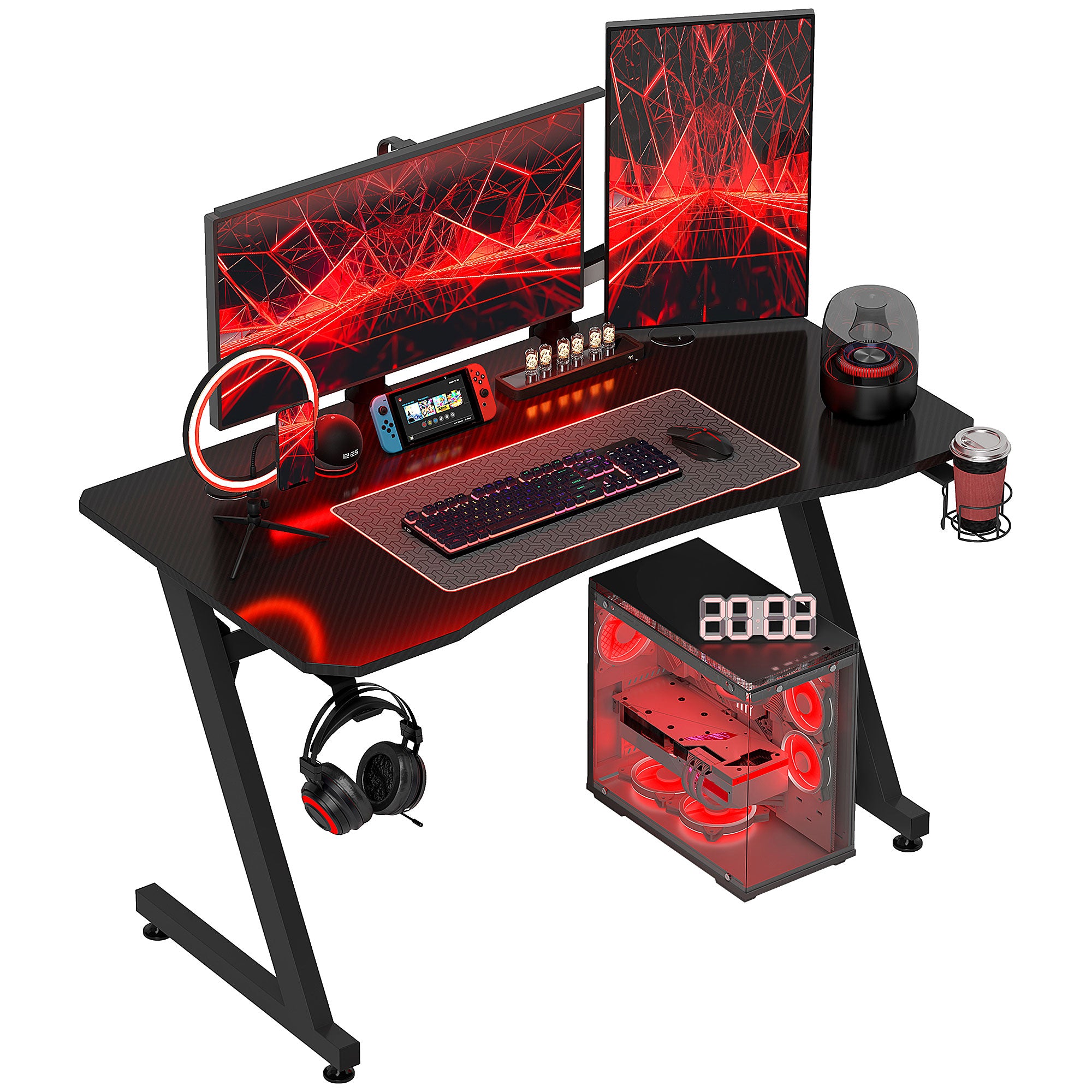 Gaming Desk 120x65x74.5 cm Ergonomic Gaming Desk for PC Computer with Cup Holder Headphone Hook and Adjustable Feet Carbon Fiber Effect Black