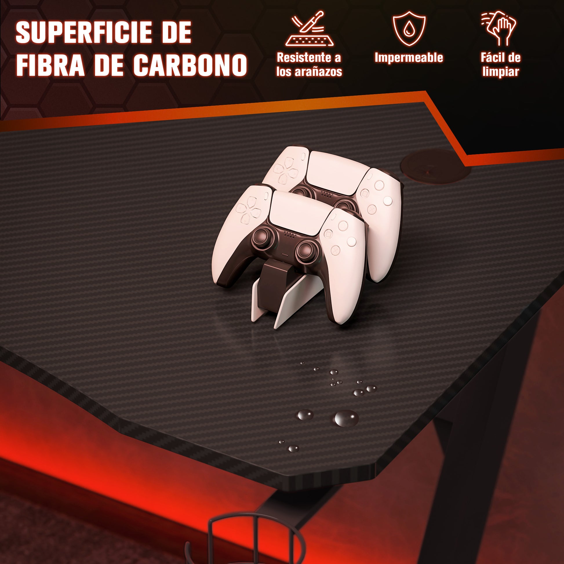 Gaming Desk 120x65x74.5 cm Ergonomic Gaming Desk for PC Computer with Cup Holder Headphone Hook and Adjustable Feet Carbon Fiber Effect Black