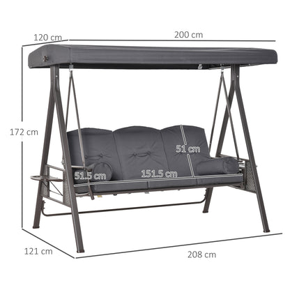3-Seater Garden Swing with Adjustable Roof, Cup Holders, and Cushions, Outdoor Swing in Metal and Polyester, 208x121x172 cm, Dark Grey