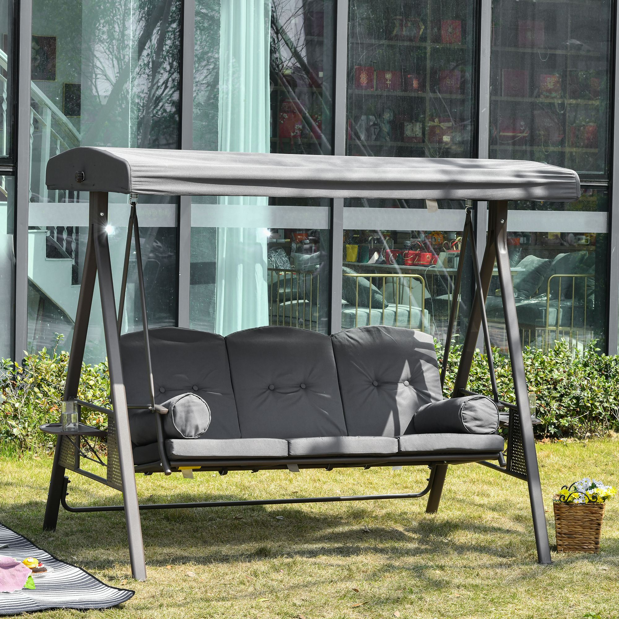 3-Seater Garden Swing with Adjustable Roof, Cup Holders, and Cushions, Outdoor Swing in Metal and Polyester, 208x121x172 cm, Dark Grey