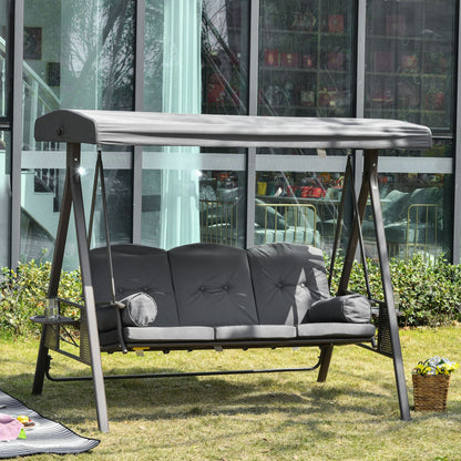 3-Seater Garden Swing with Adjustable Roof, Cup Holders, and Cushions, Outdoor Swing in Metal and Polyester, 208x121x172 cm, Dark Grey