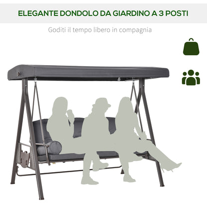 3-Seater Garden Swing with Adjustable Roof, Cup Holders, and Cushions, Outdoor Swing in Metal and Polyester, 208x121x172 cm, Dark Grey