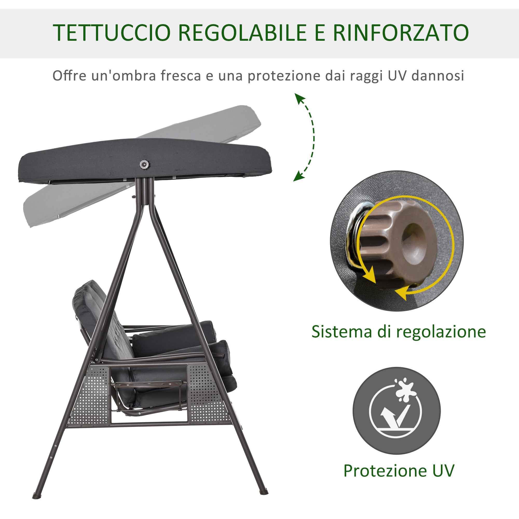 3-Seater Garden Swing with Adjustable Roof, Cup Holders, and Cushions, Outdoor Swing in Metal and Polyester, 208x121x172 cm, Dark Grey