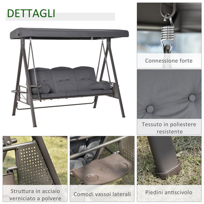 3-Seater Garden Swing with Adjustable Roof, Cup Holders, and Cushions, Outdoor Swing in Metal and Polyester, 208x121x172 cm, Dark Grey