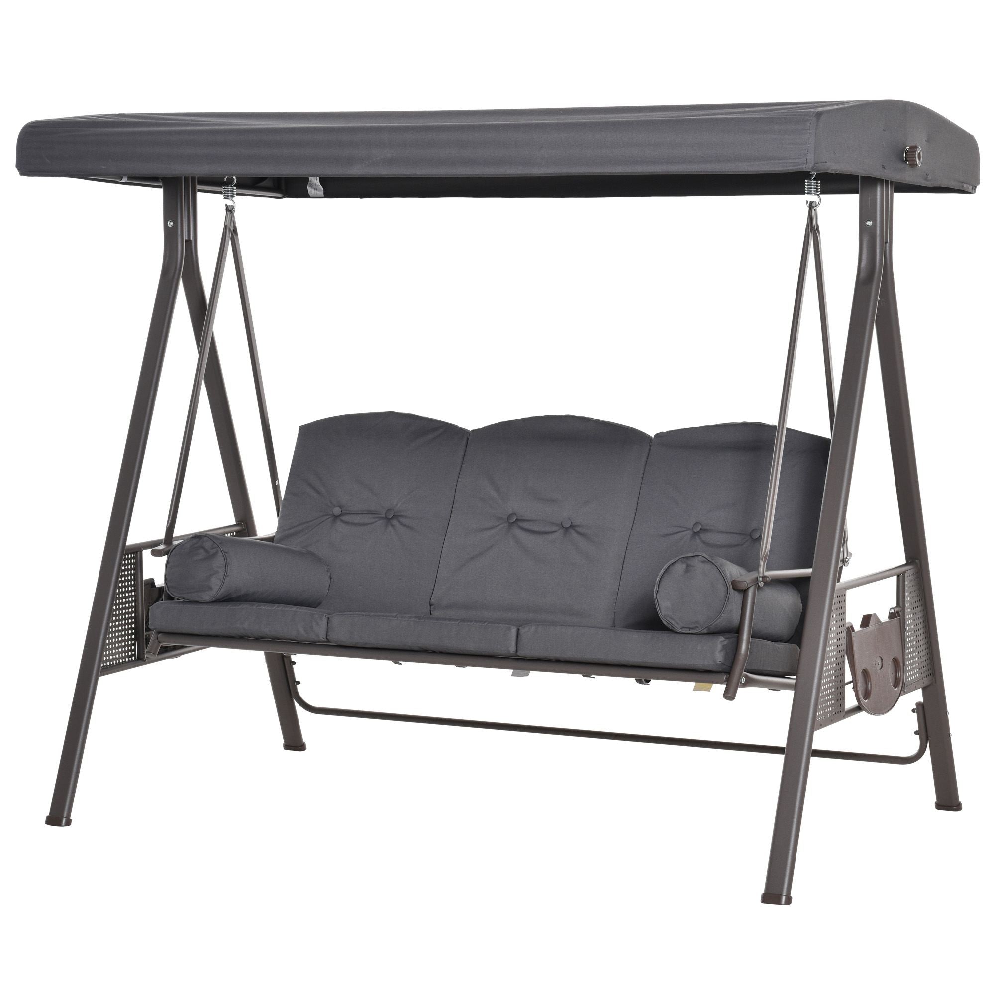 3-Seater Garden Swing with Adjustable Roof, Cup Holders, and Cushions, Outdoor Swing in Metal and Polyester, 208x121x172 cm, Dark Grey