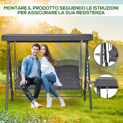 3-Seater Garden Swing with Adjustable Roof, Cup Holders, and Cushions, Outdoor Swing in Metal and Polyester, 208x121x172 cm, Dark Grey