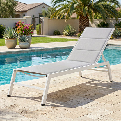 Lightweight Aluminum Sun Lounger — 6-Position Adjustable Back, 560 g/m² Textilene with Integrated Padding, Rust-Resistant Patio/Pool Chaise (25.2 x 71.3 x 35.4 in), Light Gray