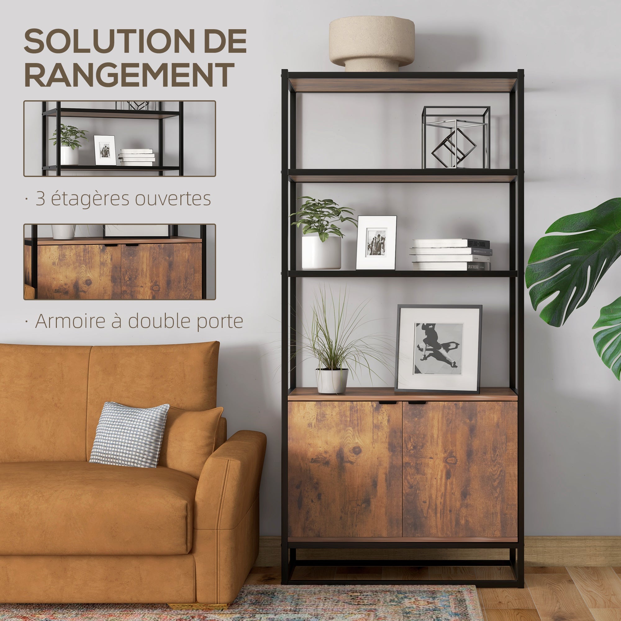 Industrial Style Bookshelf 3 Shelves + 2-Door Cupboard Particle Boards Old Wood Appearance Black Metal