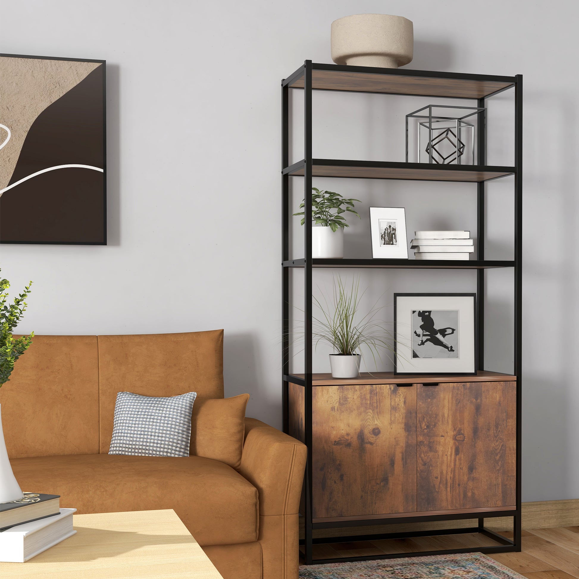 Industrial Style Bookshelf 3 Shelves + 2-Door Cupboard Particle Boards Old Wood Appearance Black Metal