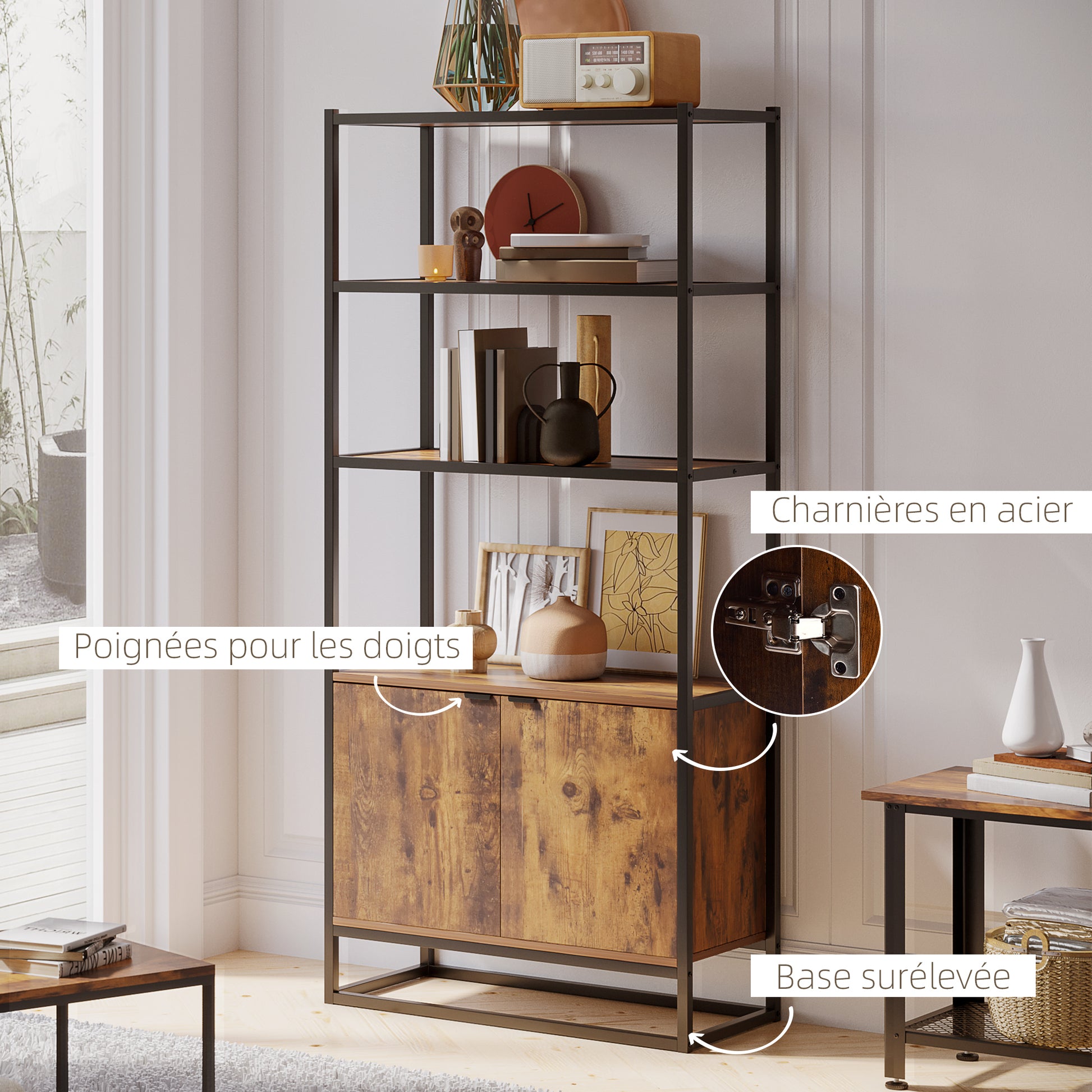 Industrial Style Bookshelf 3 Shelves + 2-Door Cupboard Particle Boards Old Wood Appearance Black Metal