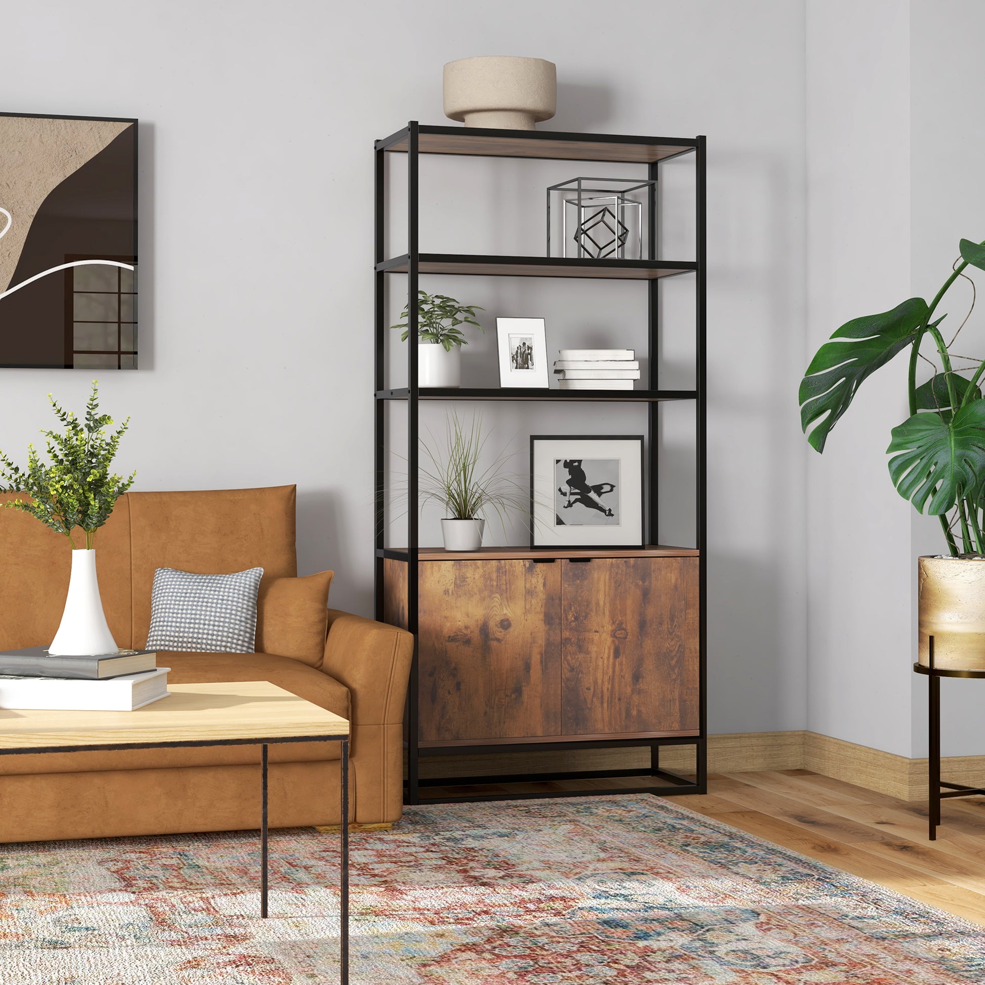 Industrial Style Bookshelf 3 Shelves + 2-Door Cupboard Particle Boards Old Wood Appearance Black Metal