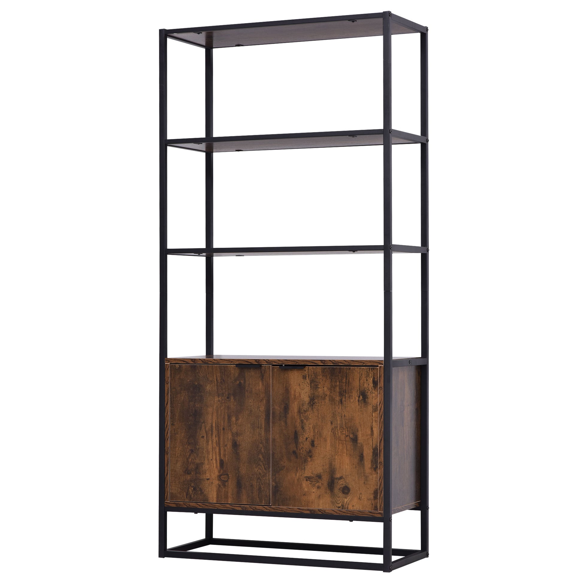 Industrial Style Bookshelf 3 Shelves + 2-Door Cupboard Particle Boards Old Wood Appearance Black Metal
