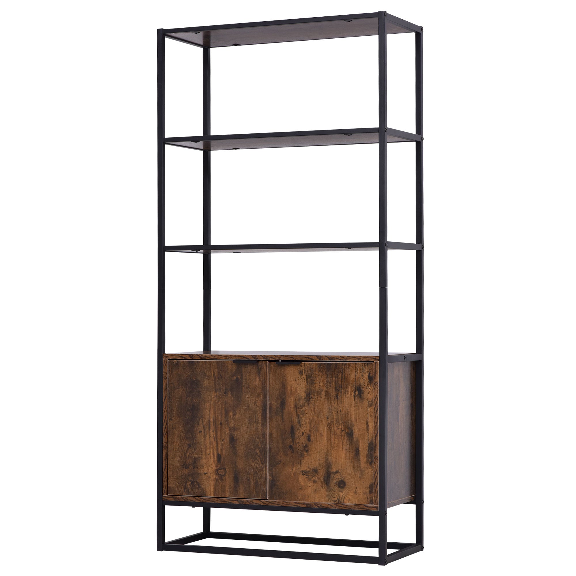 Industrial Style Bookshelf 3 Shelves + 2-Door Cupboard Particle Boards Old Wood Appearance Black Metal