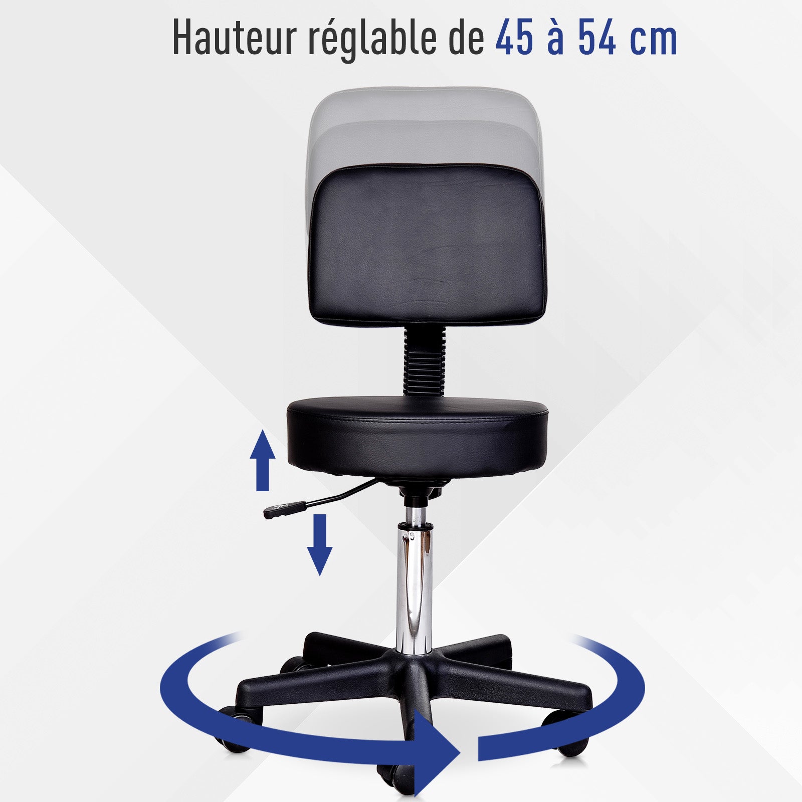 Black Height Adjustable Swivel Massage Stool with Ergonomic Backrest and Casters