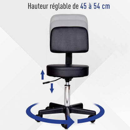 Black Height Adjustable Swivel Massage Stool with Ergonomic Backrest and Casters