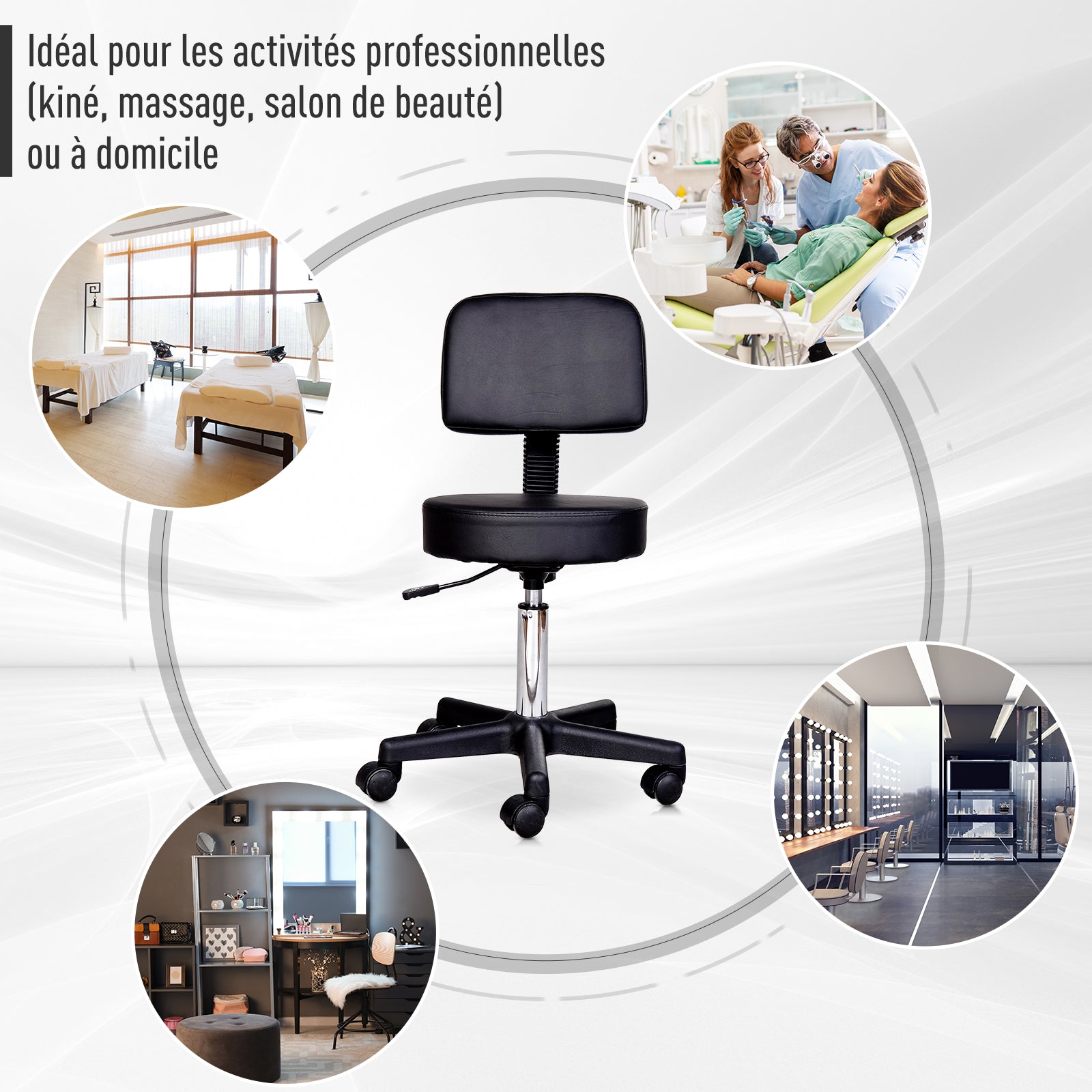 Black Height Adjustable Swivel Massage Stool with Ergonomic Backrest and Casters