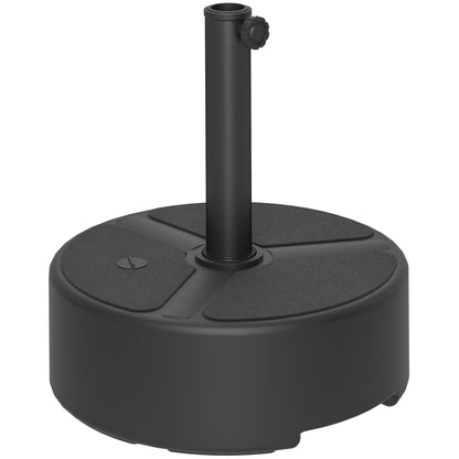 Fillable HDPE Umbrella Base — Round Stand for Ø38/Ø48 mm Poles, Holds 44 lb (20 kg) Sand or 40 lb (18 kg) Water, For Balcony/Patio/Garden — Black
