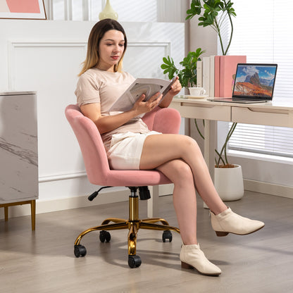 Velvet Office Chair, Makeup Chair with Petal Backrest, Adjustable Height, Rocking Function, Padded and Swivel Seat, Shell Chair for Office, Living Room, Bedroom, Pink