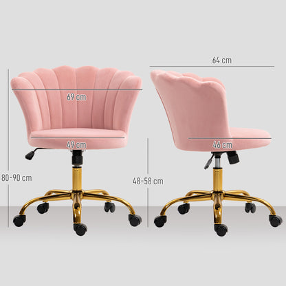 Velvet Office Chair, Makeup Chair with Petal Backrest, Adjustable Height, Rocking Function, Padded and Swivel Seat, Shell Chair for Office, Living Room, Bedroom, Pink