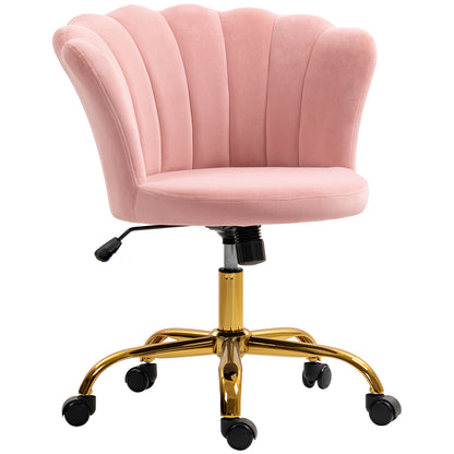 Velvet Office Chair, Makeup Chair with Petal Backrest, Adjustable Height, Rocking Function, Padded and Swivel Seat, Shell Chair for Office, Living Room, Bedroom, Pink