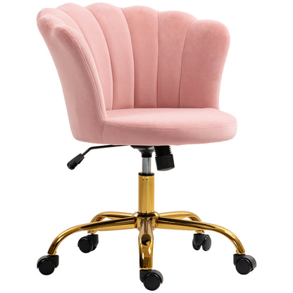 Velvet Office Chair, Makeup Chair with Petal Backrest, Adjustable Height, Rocking Function, Padded and Swivel Seat, Shell Chair for Office, Living Room, Bedroom, Pink