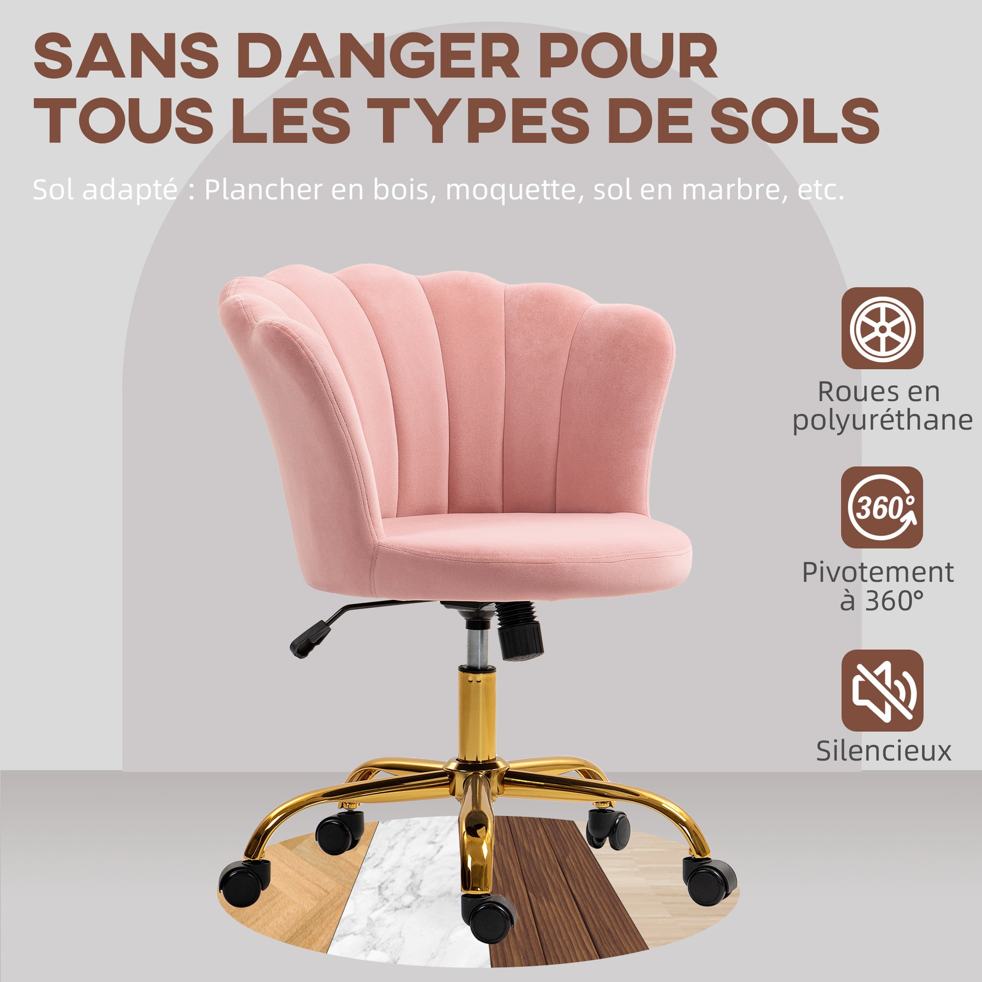 Velvet Office Chair, Makeup Chair with Petal Backrest, Adjustable Height, Rocking Function, Padded and Swivel Seat, Shell Chair for Office, Living Room, Bedroom, Pink