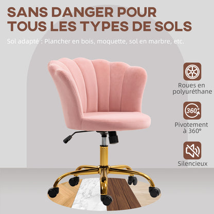 Velvet Office Chair, Makeup Chair with Petal Backrest, Adjustable Height, Rocking Function, Padded and Swivel Seat, Shell Chair for Office, Living Room, Bedroom, Pink
