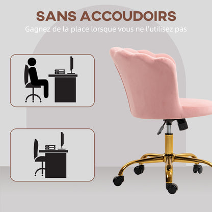 Velvet Office Chair, Makeup Chair with Petal Backrest, Adjustable Height, Rocking Function, Padded and Swivel Seat, Shell Chair for Office, Living Room, Bedroom, Pink