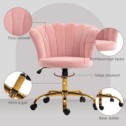 Velvet Office Chair, Makeup Chair with Petal Backrest, Adjustable Height, Rocking Function, Padded and Swivel Seat, Shell Chair for Office, Living Room, Bedroom, Pink