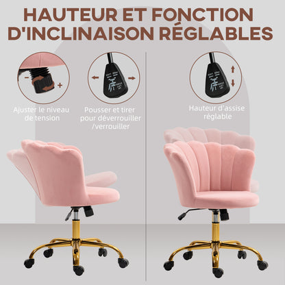 Velvet Office Chair, Makeup Chair with Petal Backrest, Adjustable Height, Rocking Function, Padded and Swivel Seat, Shell Chair for Office, Living Room, Bedroom, Pink