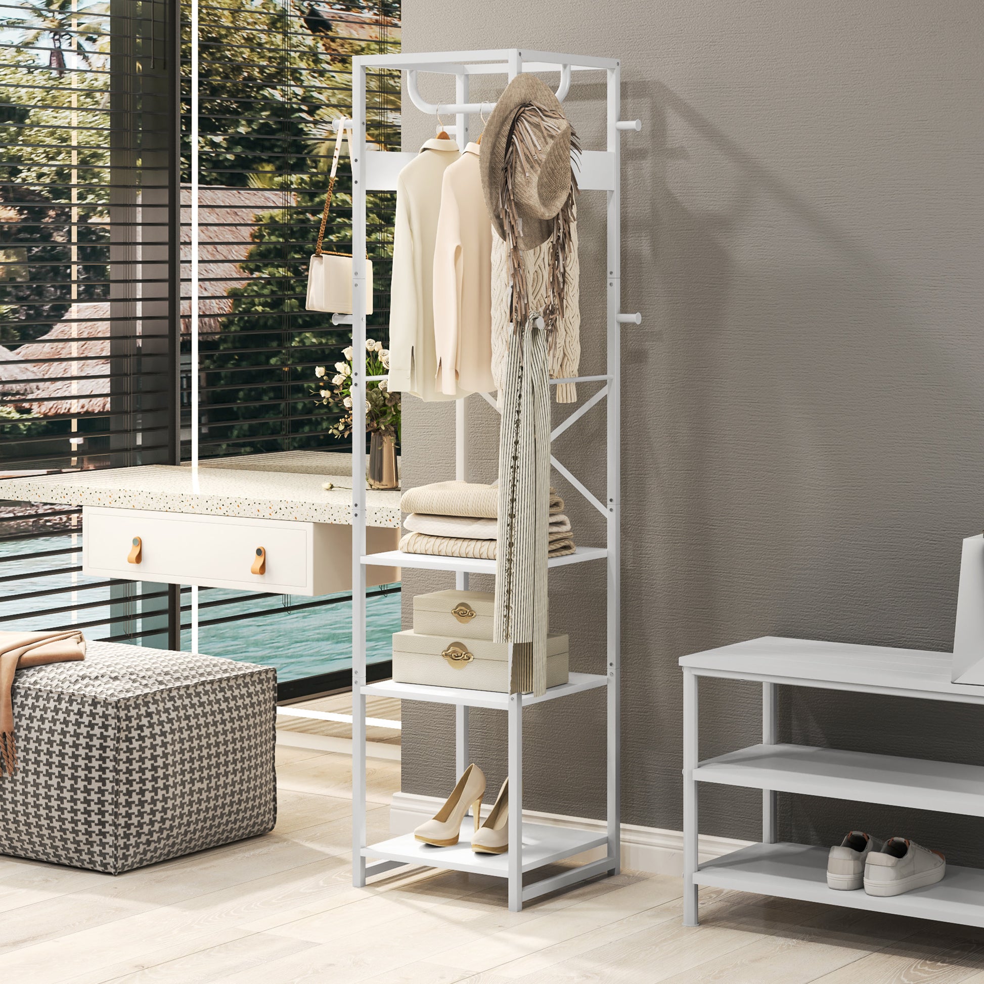 Floor Coat Rack with Pole and 3 Open Shelves, Coat Rack in MDF and Steel for Entryway and Bedroom, 38.5x30x170 cm, White