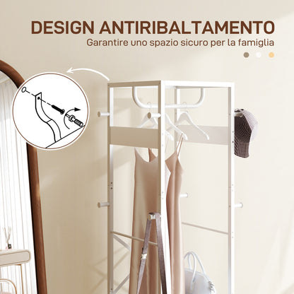 Floor Coat Rack with Pole and 3 Open Shelves, Coat Rack in MDF and Steel for Entryway and Bedroom, 38.5x30x170 cm, White