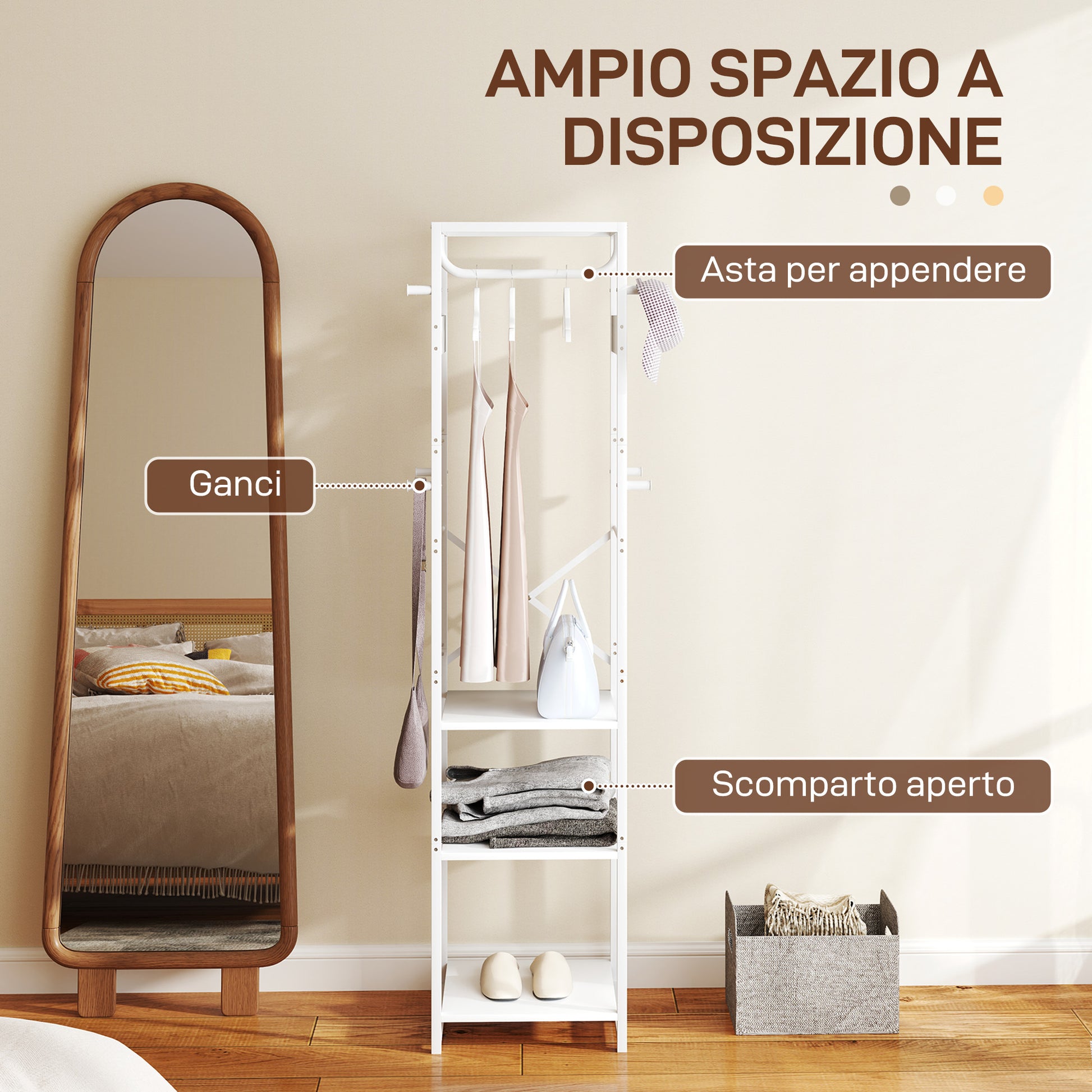 Floor Coat Rack with Pole and 3 Open Shelves, Coat Rack in MDF and Steel for Entryway and Bedroom, 38.5x30x170 cm, White