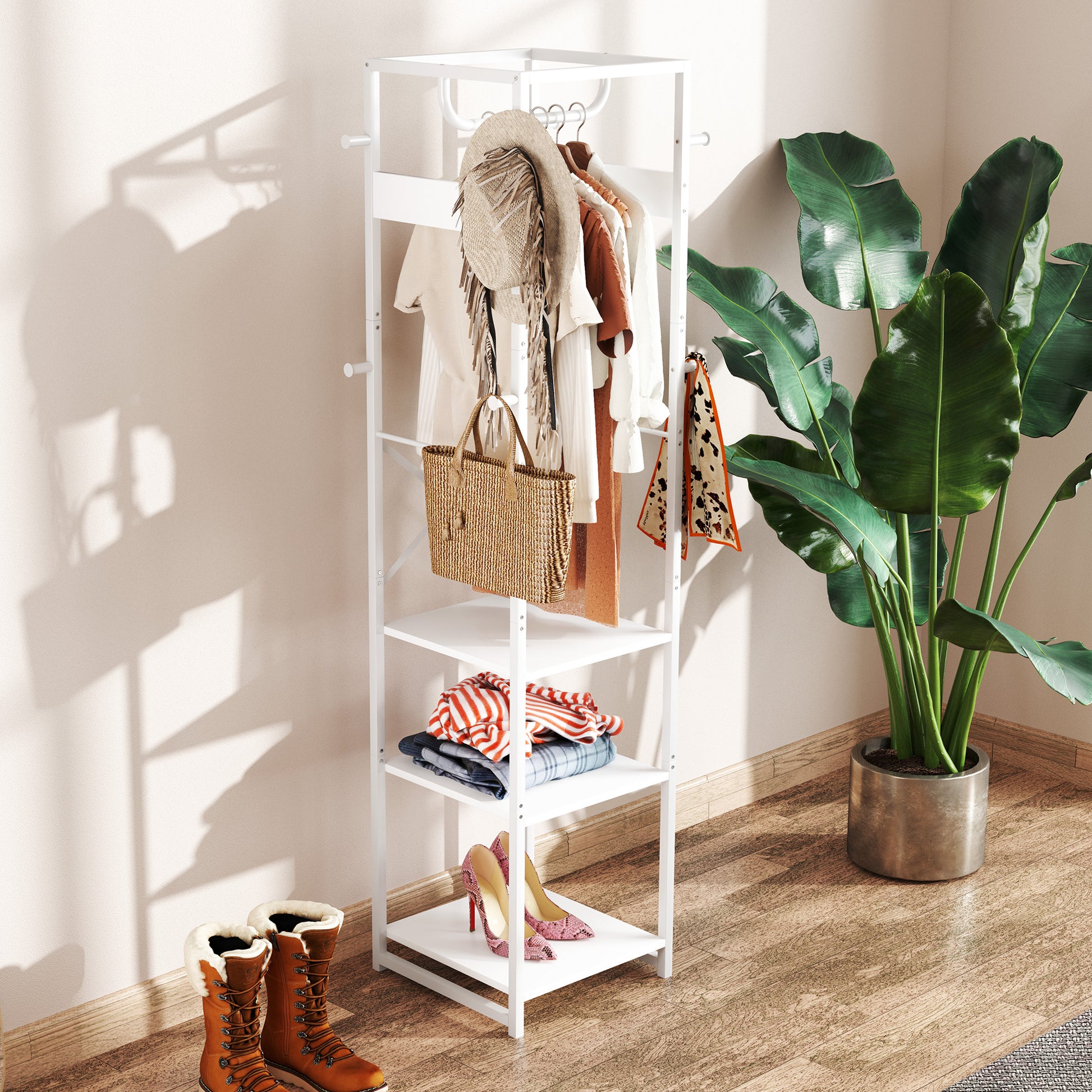 Floor Coat Rack with Pole and 3 Open Shelves, Coat Rack in MDF and Steel for Entryway and Bedroom, 38.5x30x170 cm, White